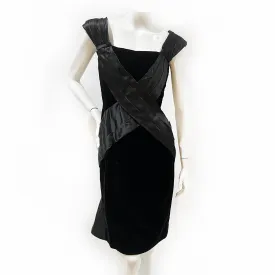 1980s Black Velvet and Satin Strap Accent Dress