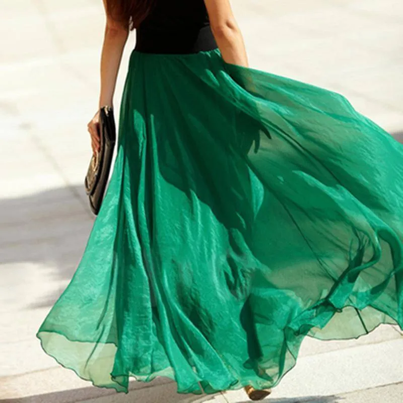 5 Sizes, XS-XL, 18 colors, High Waist Long Chiffon Skirt with  Ruffles Hem