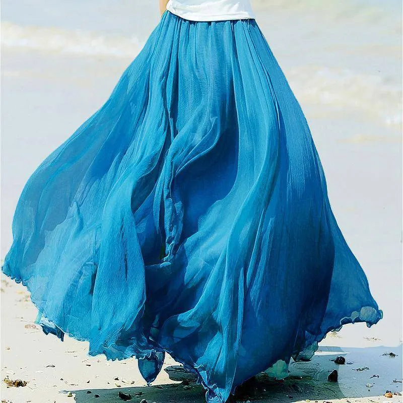 5 Sizes, XS-XL, 18 colors, High Waist Long Chiffon Skirt with  Ruffles Hem
