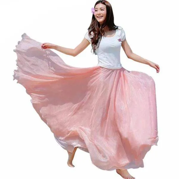 5 Sizes, XS-XL, 18 colors, High Waist Long Chiffon Skirt with  Ruffles Hem