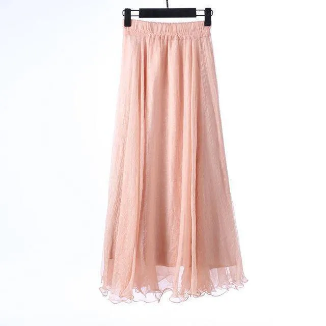 5 Sizes, XS-XL, 18 colors, High Waist Long Chiffon Skirt with  Ruffles Hem