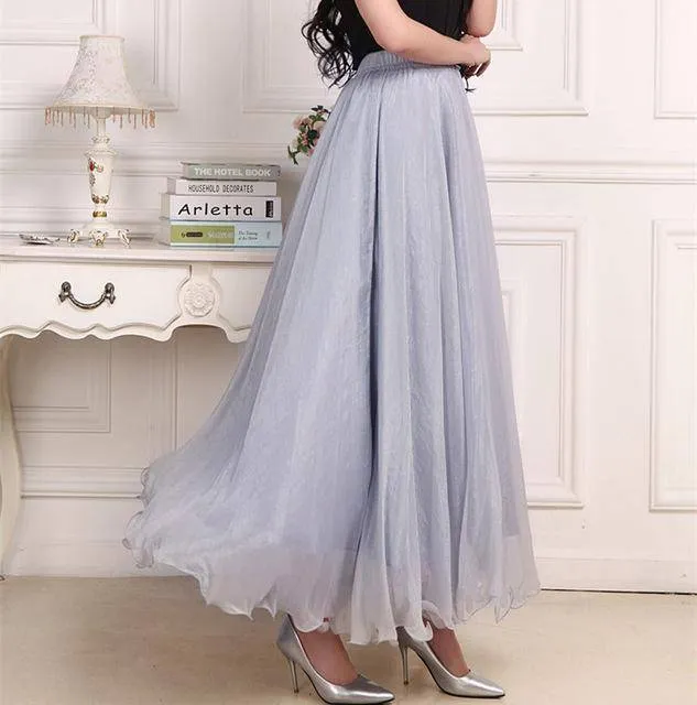 5 Sizes, XS-XL, 18 colors, High Waist Long Chiffon Skirt with  Ruffles Hem