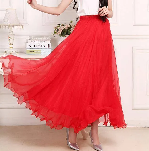 5 Sizes, XS-XL, 18 colors, High Waist Long Chiffon Skirt with  Ruffles Hem