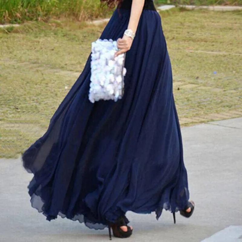 5 Sizes, XS-XL, 18 colors, High Waist Long Chiffon Skirt with  Ruffles Hem