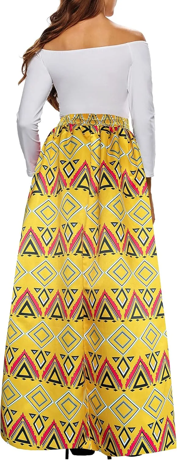 Afibi Women African Printed Maxi Skirt Flared Skirt A Line Long Skirts with Pockets S-5XL