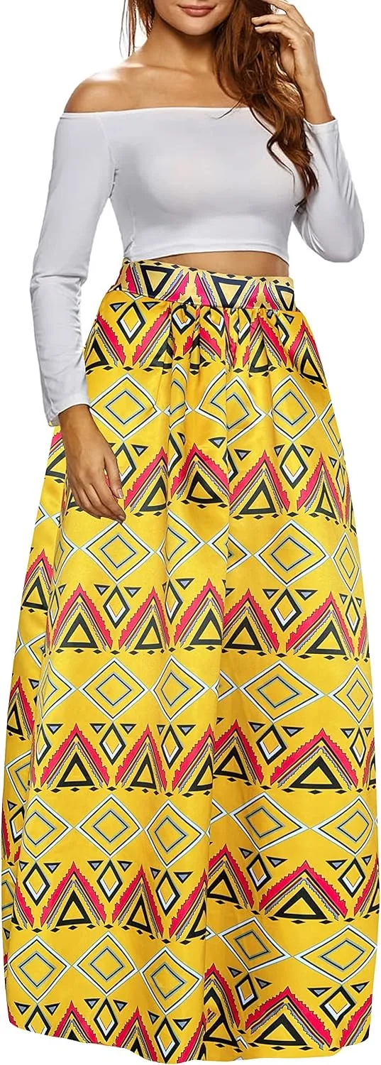 Afibi Women African Printed Maxi Skirt Flared Skirt A Line Long Skirts with Pockets S-5XL