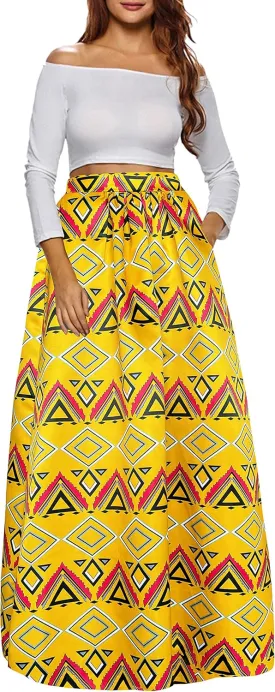 Afibi Women African Printed Maxi Skirt Flared Skirt A Line Long Skirts with Pockets S-5XL