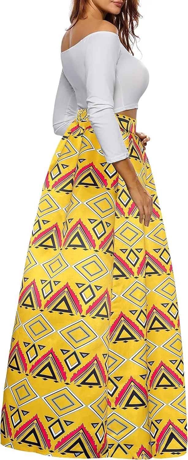 Afibi Women African Printed Maxi Skirt Flared Skirt A Line Long Skirts with Pockets S-5XL