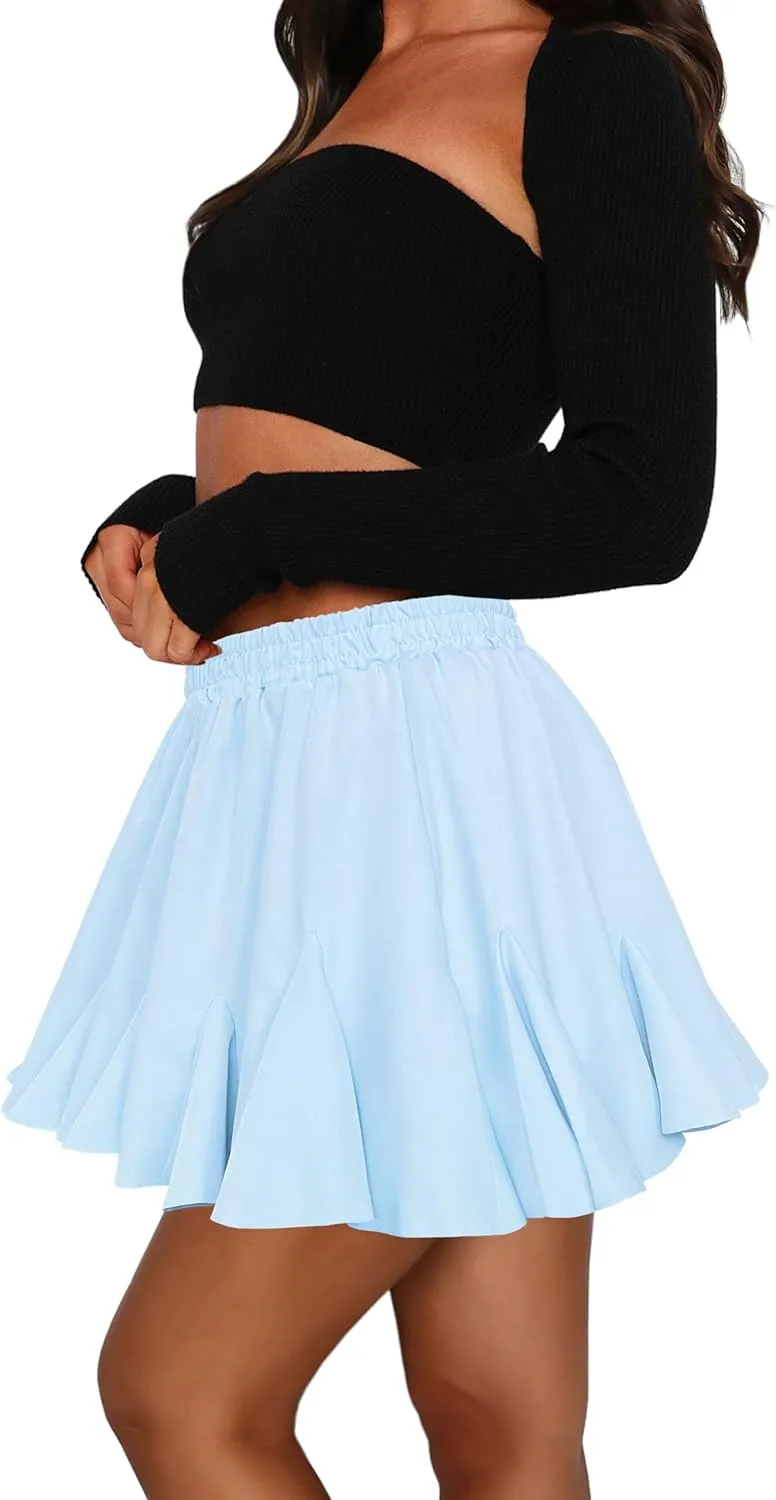Afibi Women's Pleated Skater Skirt with Pockets High Waisted Ruffles Flared Mini Short Skirts