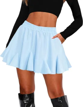 Afibi Women's Pleated Skater Skirt with Pockets High Waisted Ruffles Flared Mini Short Skirts