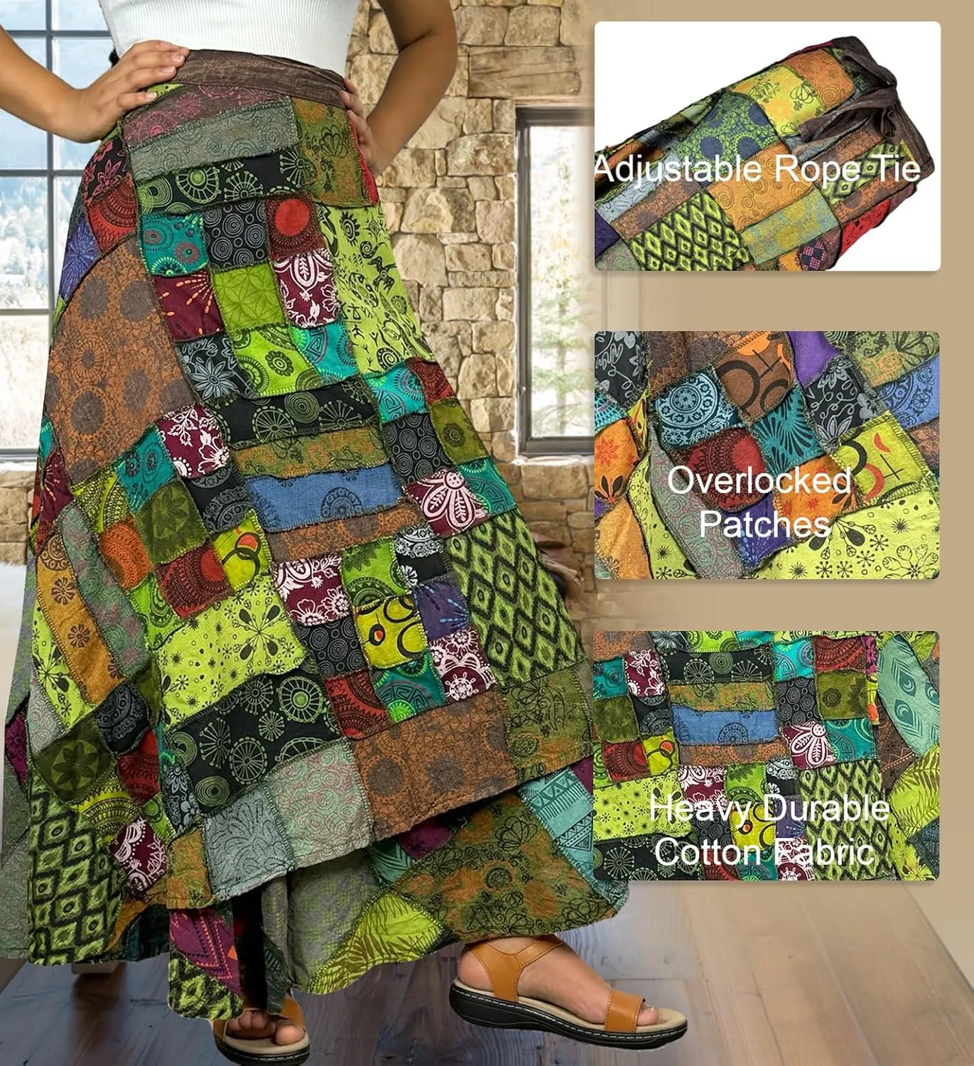 Agan Traders Women's 2025 Summer Boho Maxi Skirt for Fall Patched Tie Up High Waisted Long Skirt Bohemian Wrap Cover Up