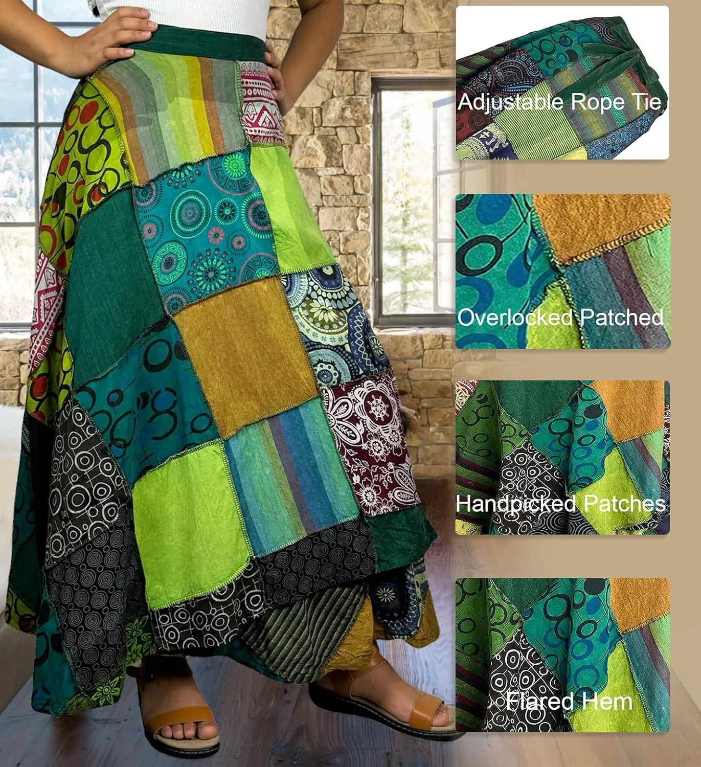 Agan Traders Women's 2025 Summer Boho Maxi Skirt for Fall Patched Tie Up High Waisted Long Skirt Bohemian Wrap Cover Up