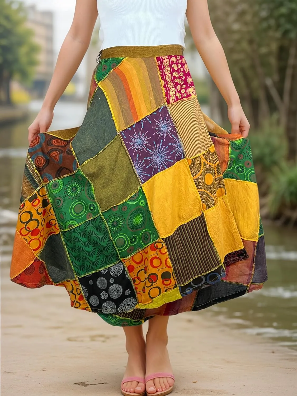 Agan Traders Women's 2025 Summer Boho Maxi Skirt for Fall Patched Tie Up High Waisted Long Skirt Bohemian Wrap Cover Up