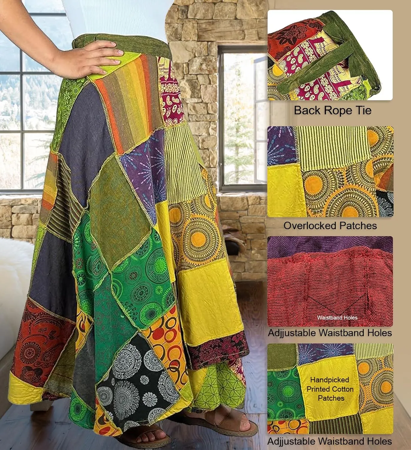 Agan Traders Women's 2025 Summer Boho Maxi Skirt for Fall Patched Tie Up High Waisted Long Skirt Bohemian Wrap Cover Up