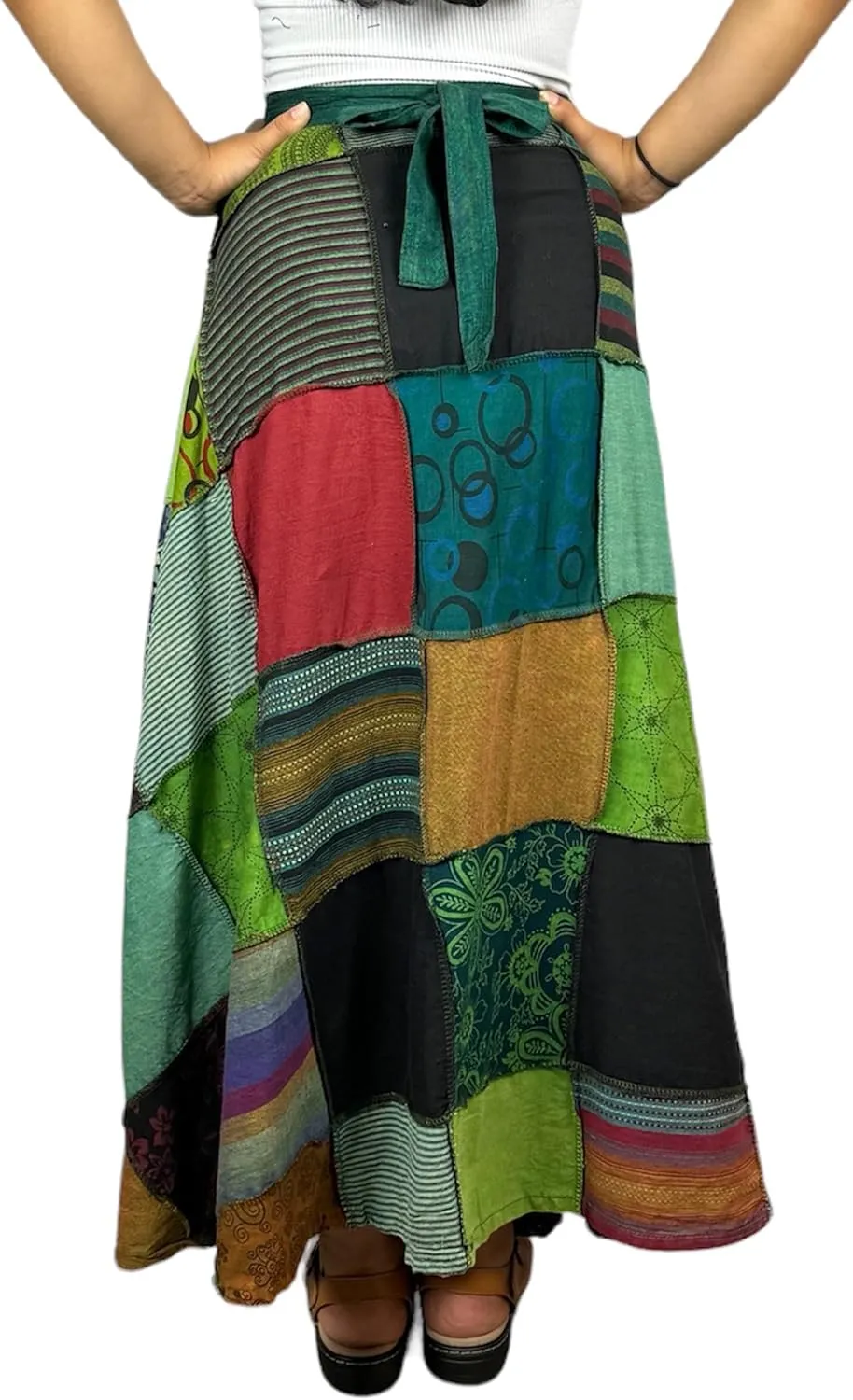 Agan Traders Women's 2025 Summer Boho Maxi Skirt for Fall Patched Tie Up High Waisted Long Skirt Bohemian Wrap Cover Up
