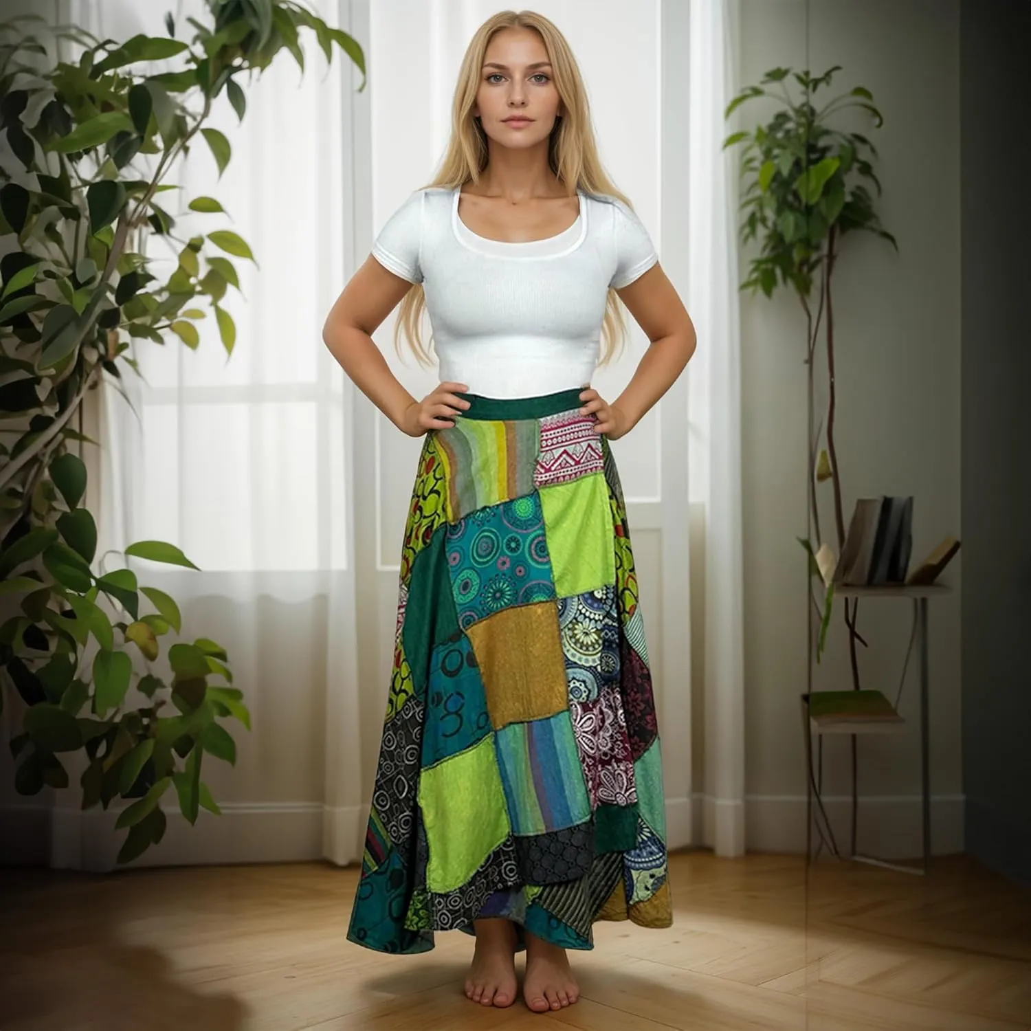 Agan Traders Women's 2025 Summer Boho Maxi Skirt for Fall Patched Tie Up High Waisted Long Skirt Bohemian Wrap Cover Up