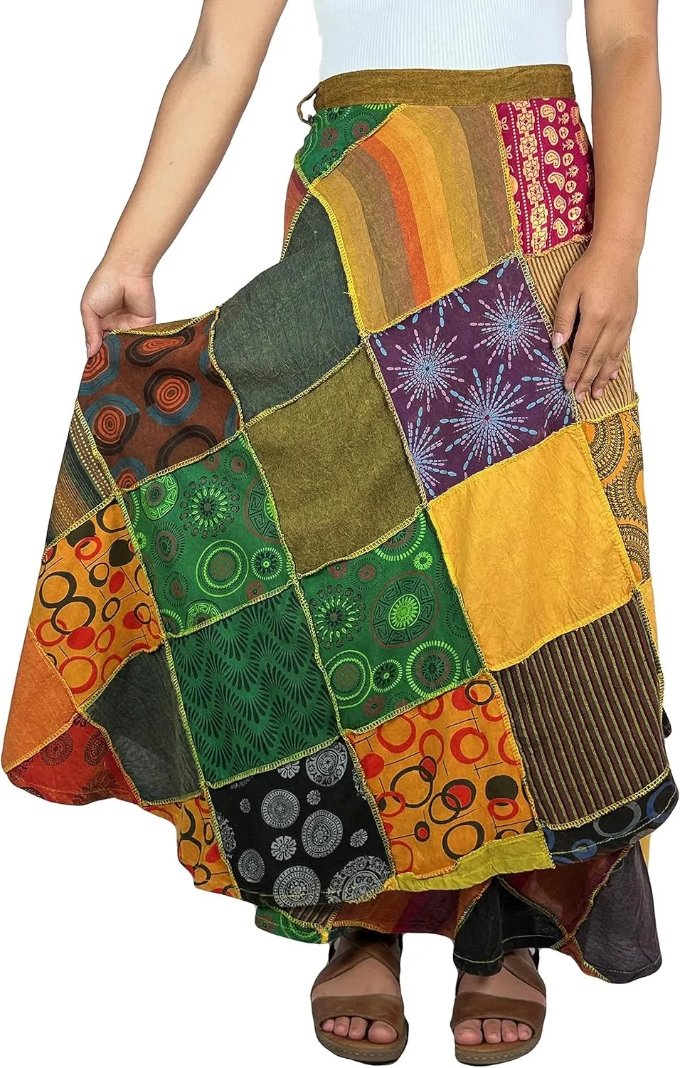 Agan Traders Women's 2025 Summer Boho Maxi Skirt for Fall Patched Tie Up High Waisted Long Skirt Bohemian Wrap Cover Up