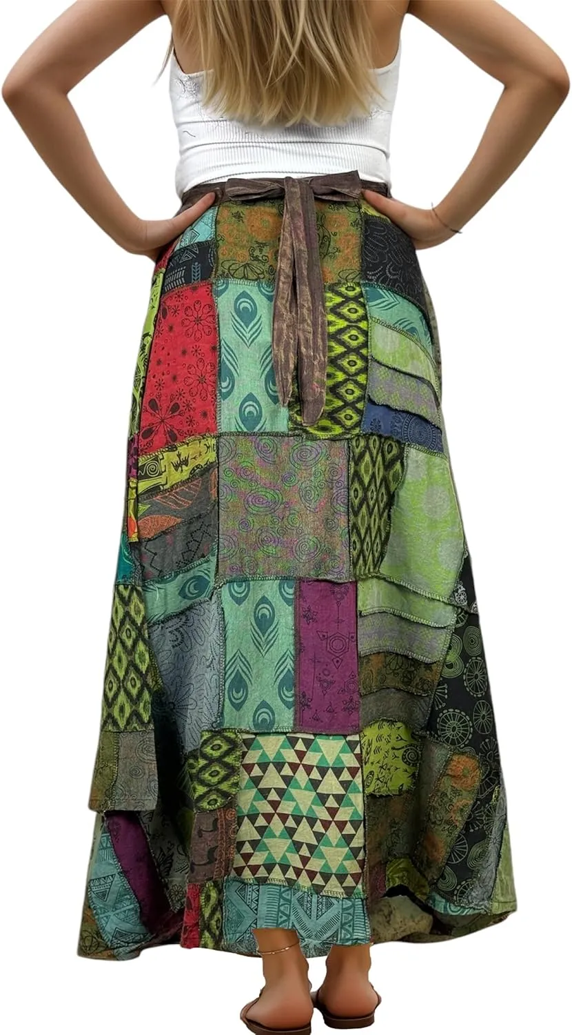 Agan Traders Women's 2025 Summer Boho Maxi Skirt for Fall Patched Tie Up High Waisted Long Skirt Bohemian Wrap Cover Up