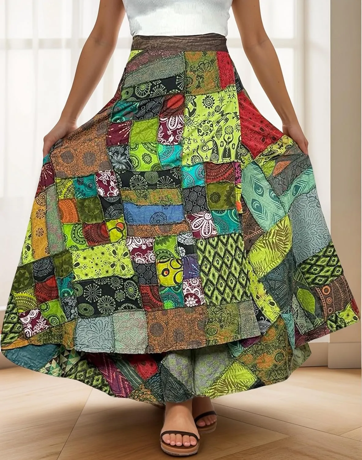 Agan Traders Women's 2025 Summer Boho Maxi Skirt for Fall Patched Tie Up High Waisted Long Skirt Bohemian Wrap Cover Up