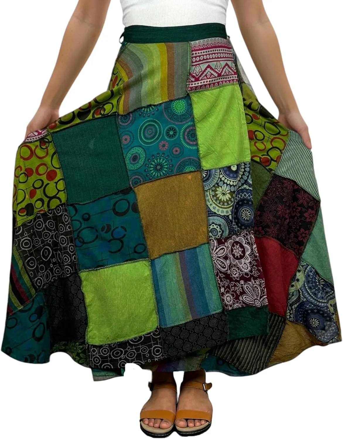 Agan Traders Women's 2025 Summer Boho Maxi Skirt for Fall Patched Tie Up High Waisted Long Skirt Bohemian Wrap Cover Up