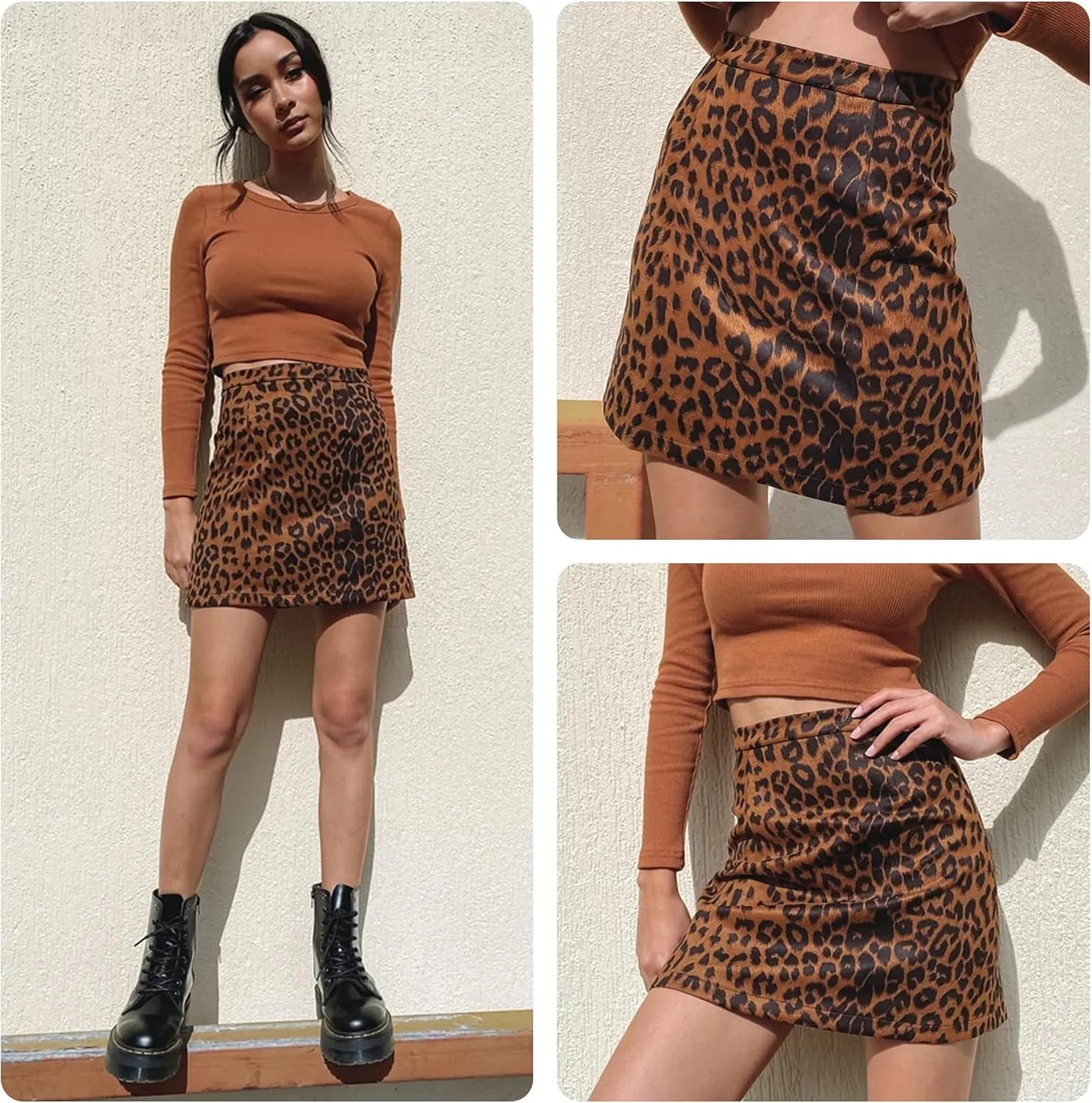 Aivtalk Women's Faux Leather Leopard Skirt Split A Line Bodycon Mini Pencil Skirt