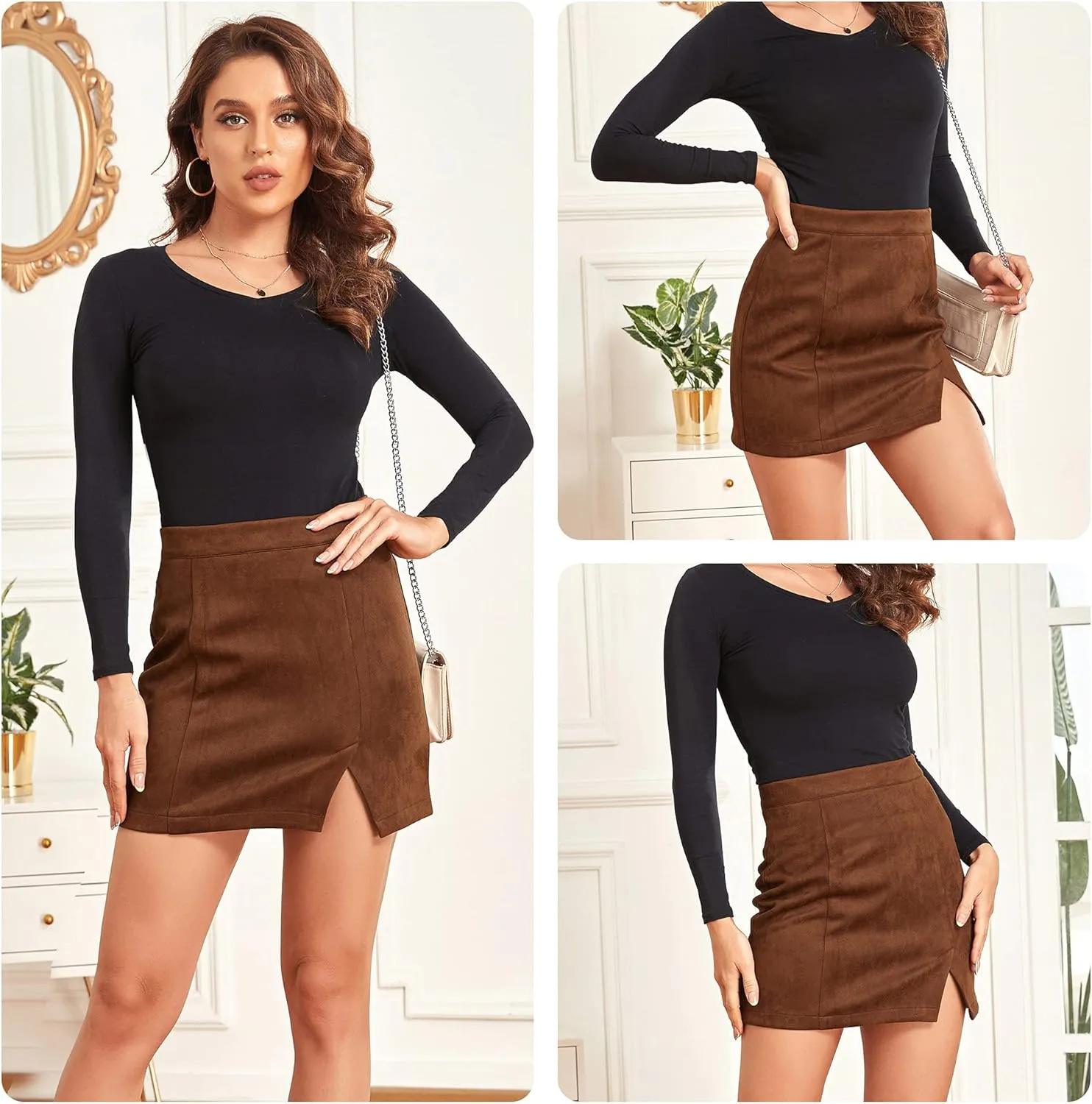 Aivtalk Women's Faux Leather Leopard Skirt Split A Line Bodycon Mini Pencil Skirt