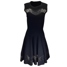 Alaia Black Lace Trimmed Sleeveless Flared Knit Dress