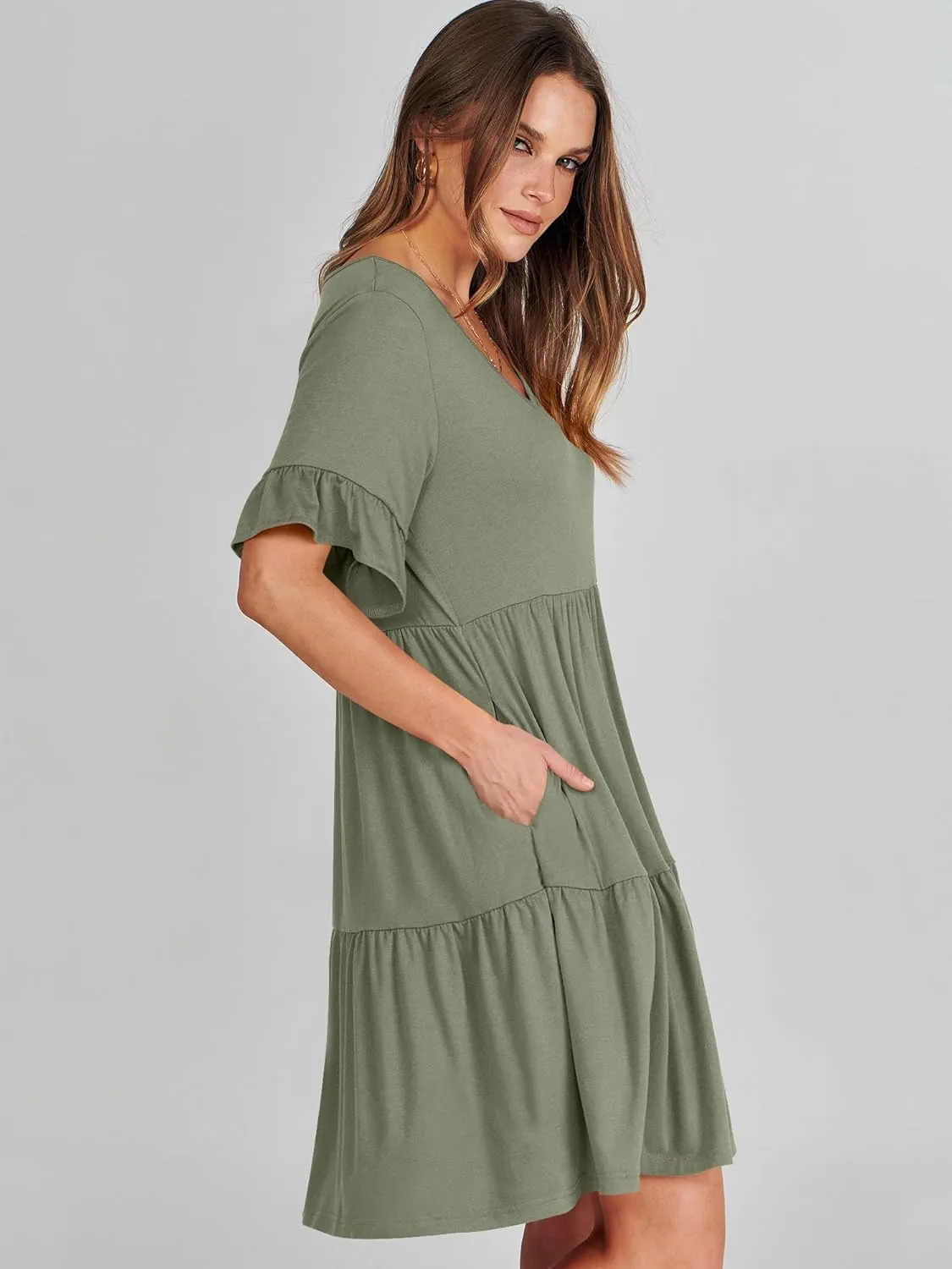 ANRABESS Dresses for Women Summer 2025 V Neck Ruffle Sleeve A Line Tiered Flowy Casual Trendy Mini Beach Dress with Pockets