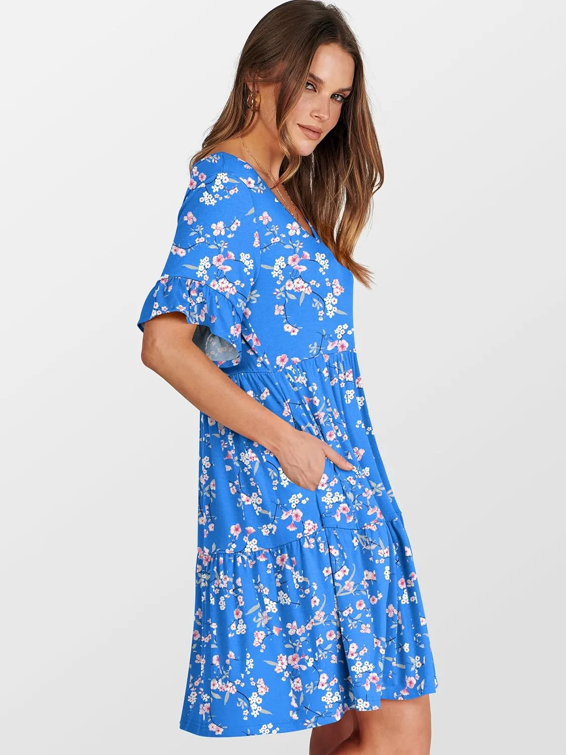 ANRABESS Dresses for Women Summer 2025 V Neck Ruffle Sleeve A Line Tiered Flowy Casual Trendy Mini Beach Dress with Pockets
