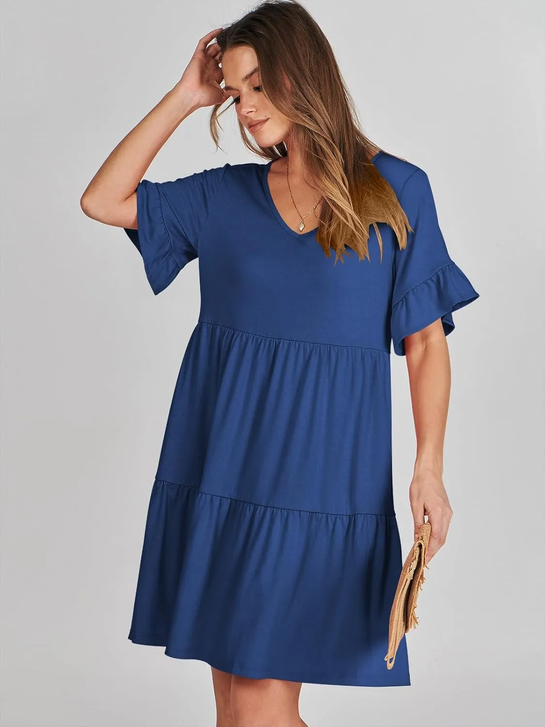 ANRABESS Dresses for Women Summer 2025 V Neck Ruffle Sleeve A Line Tiered Flowy Casual Trendy Mini Beach Dress with Pockets