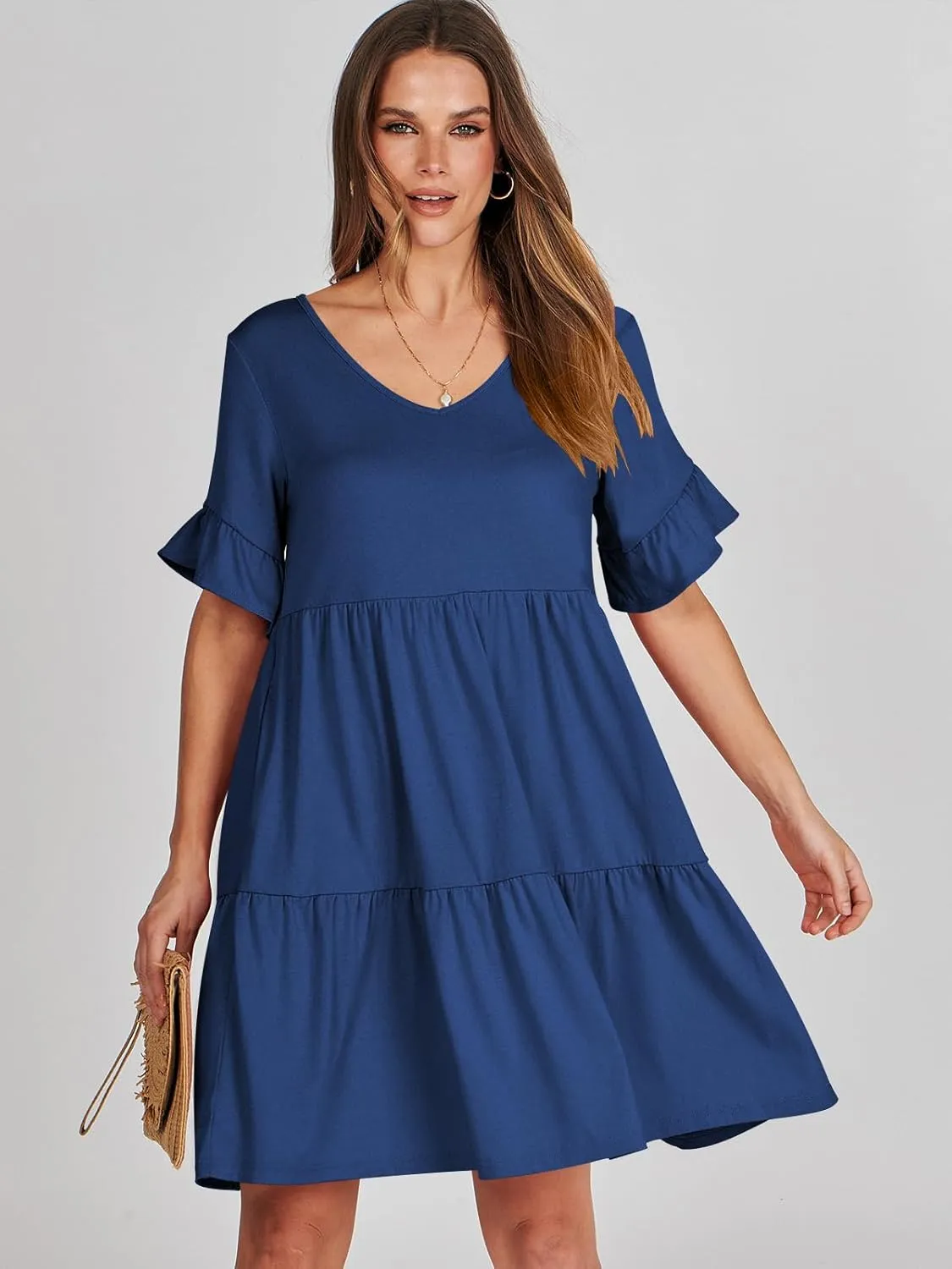 ANRABESS Dresses for Women Summer 2025 V Neck Ruffle Sleeve A Line Tiered Flowy Casual Trendy Mini Beach Dress with Pockets