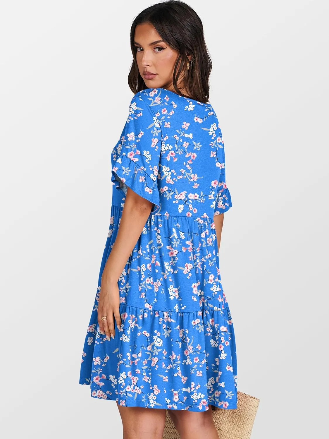 ANRABESS Dresses for Women Summer 2025 V Neck Ruffle Sleeve A Line Tiered Flowy Casual Trendy Mini Beach Dress with Pockets