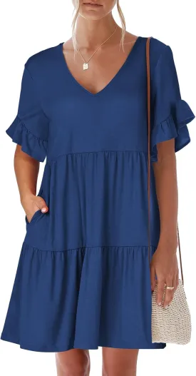 ANRABESS Dresses for Women Summer 2025 V Neck Ruffle Sleeve A Line Tiered Flowy Casual Trendy Mini Beach Dress with Pockets