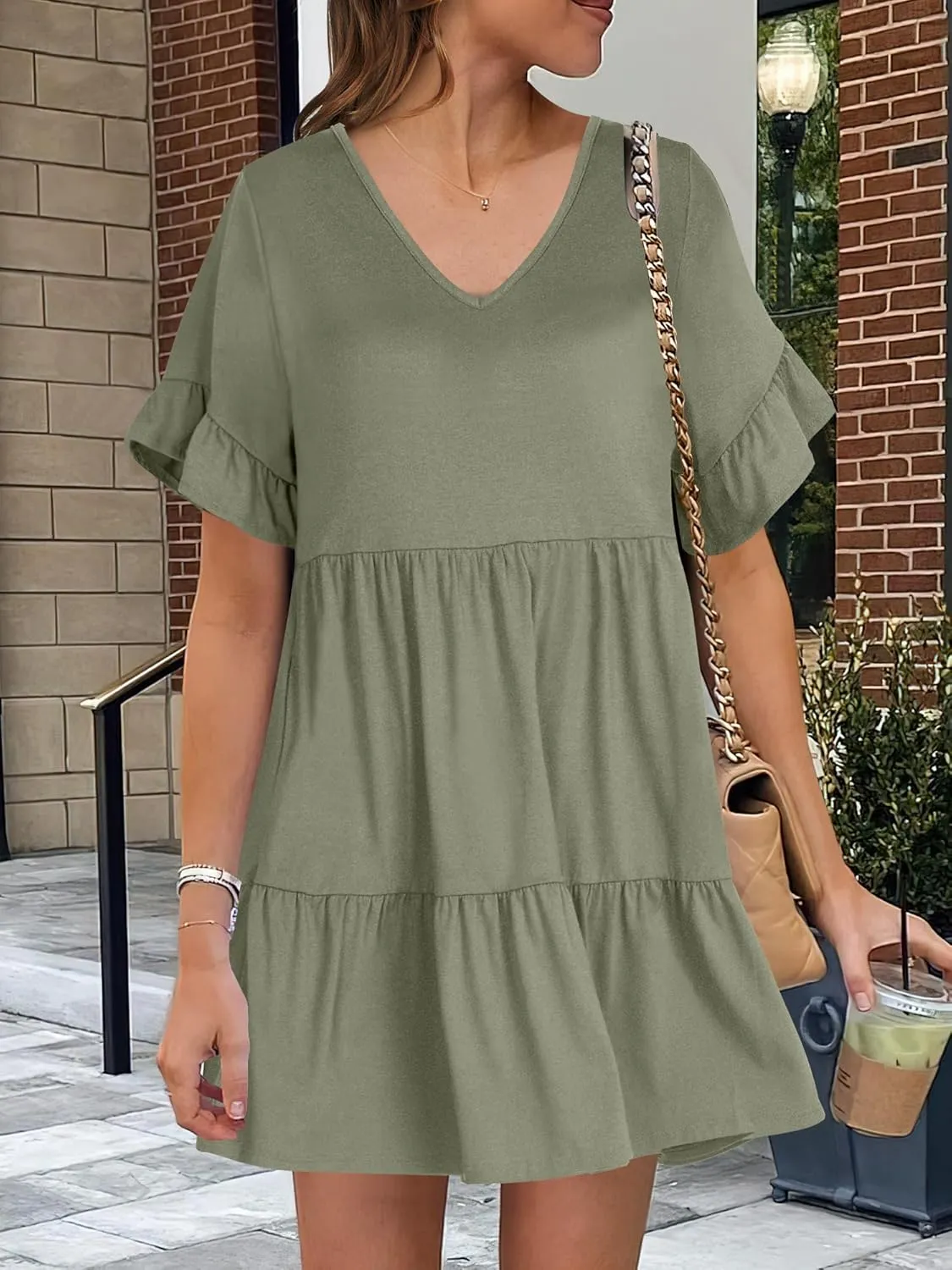 ANRABESS Dresses for Women Summer 2025 V Neck Ruffle Sleeve A Line Tiered Flowy Casual Trendy Mini Beach Dress with Pockets