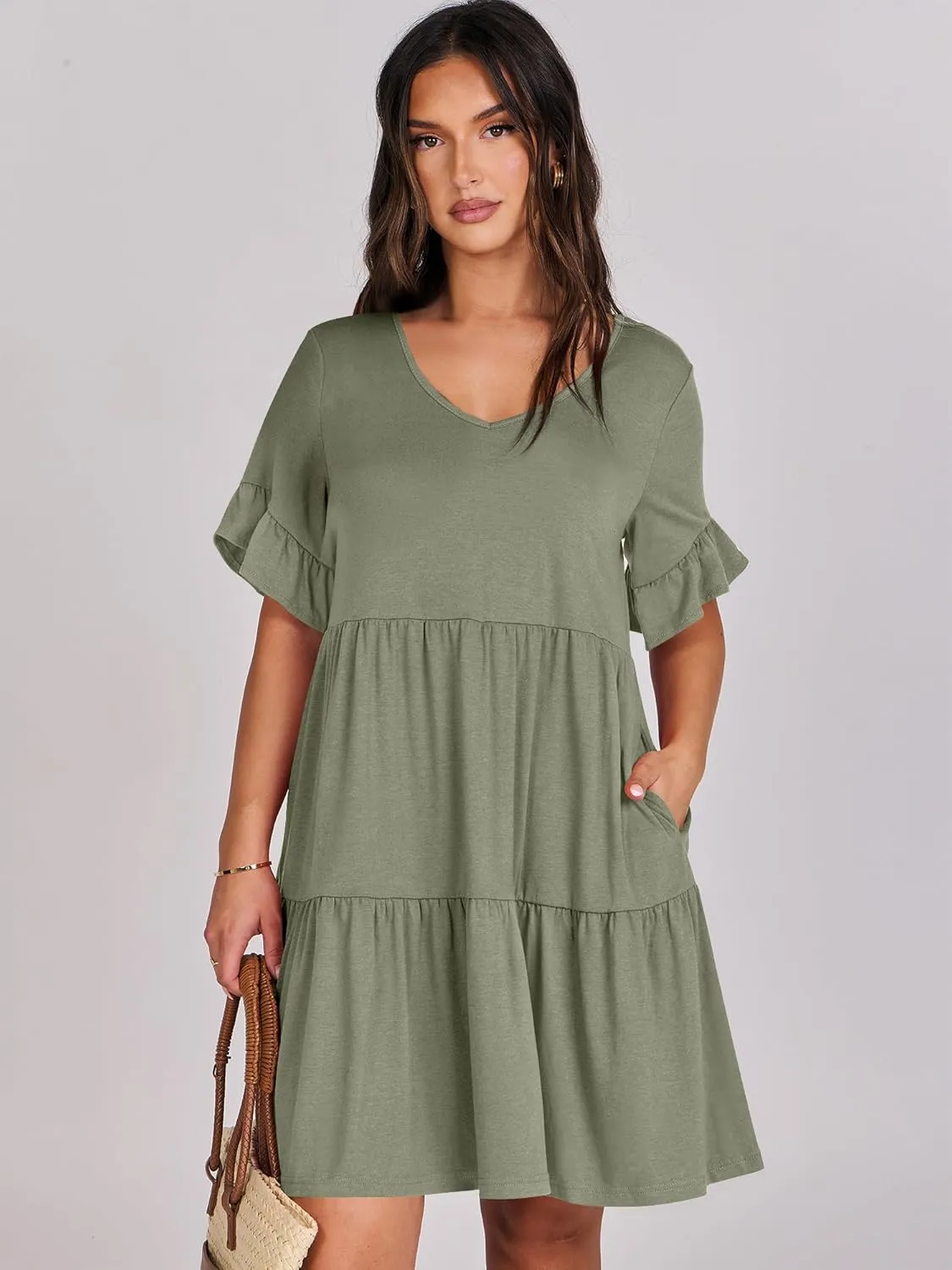 ANRABESS Dresses for Women Summer 2025 V Neck Ruffle Sleeve A Line Tiered Flowy Casual Trendy Mini Beach Dress with Pockets
