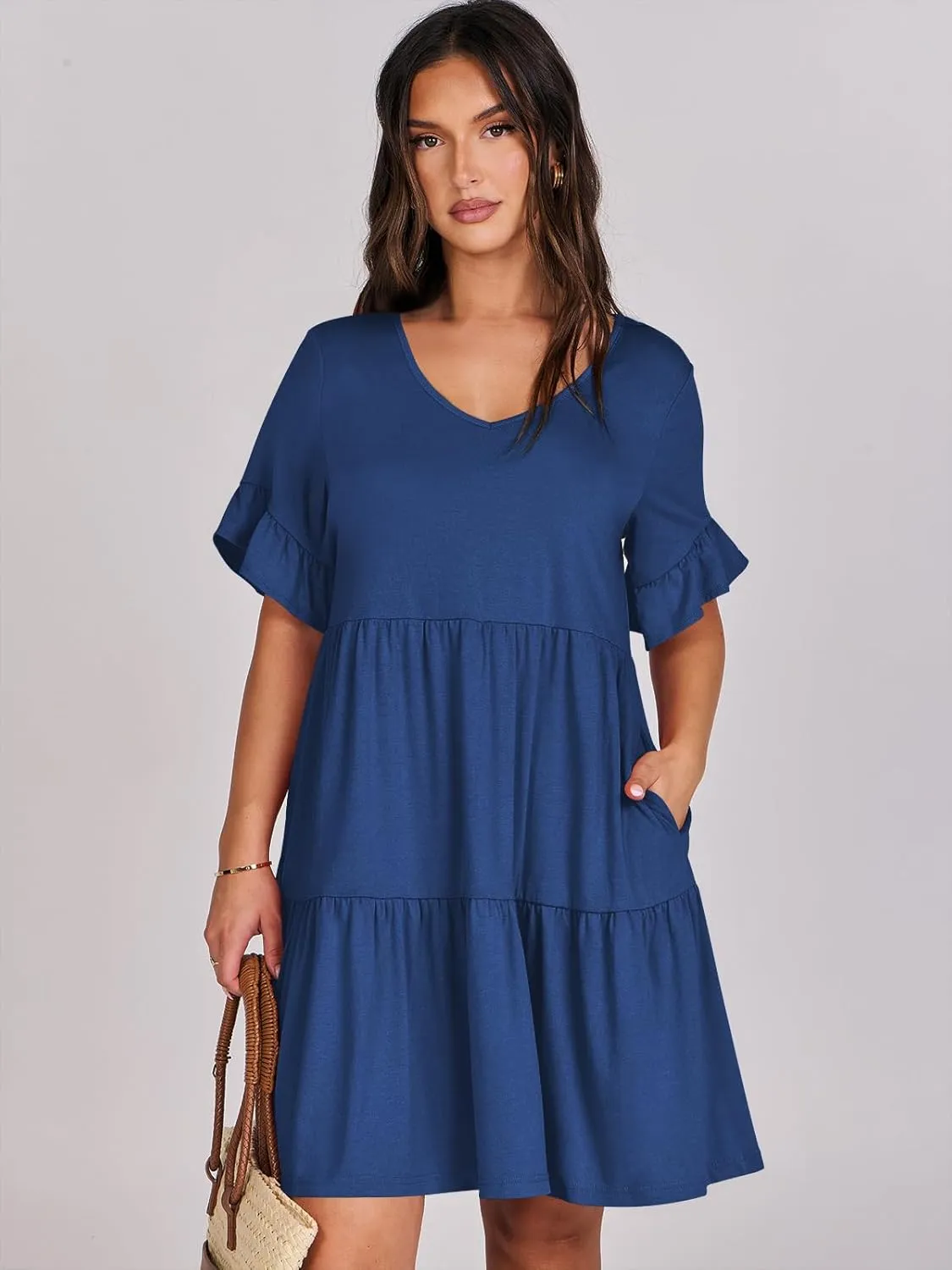 ANRABESS Dresses for Women Summer 2025 V Neck Ruffle Sleeve A Line Tiered Flowy Casual Trendy Mini Beach Dress with Pockets