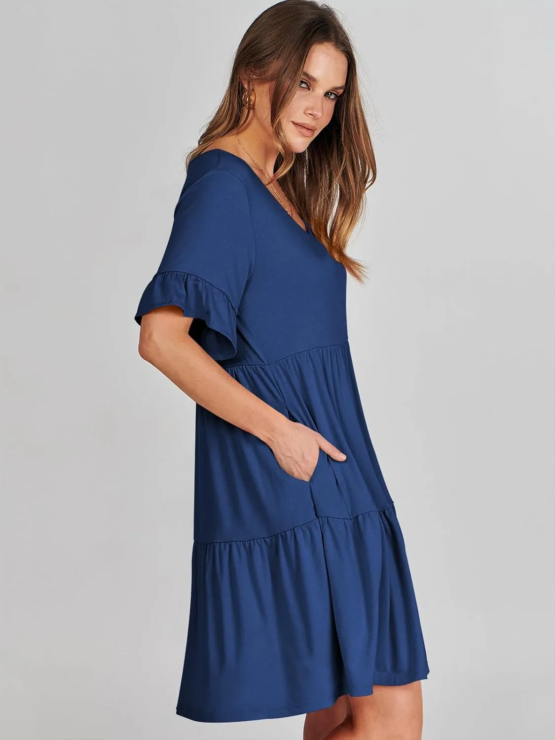 ANRABESS Dresses for Women Summer 2025 V Neck Ruffle Sleeve A Line Tiered Flowy Casual Trendy Mini Beach Dress with Pockets