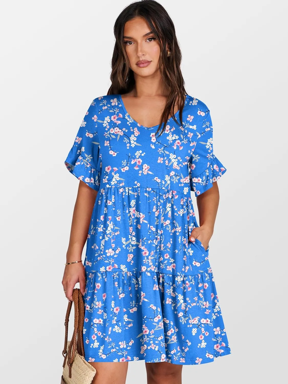 ANRABESS Dresses for Women Summer 2025 V Neck Ruffle Sleeve A Line Tiered Flowy Casual Trendy Mini Beach Dress with Pockets
