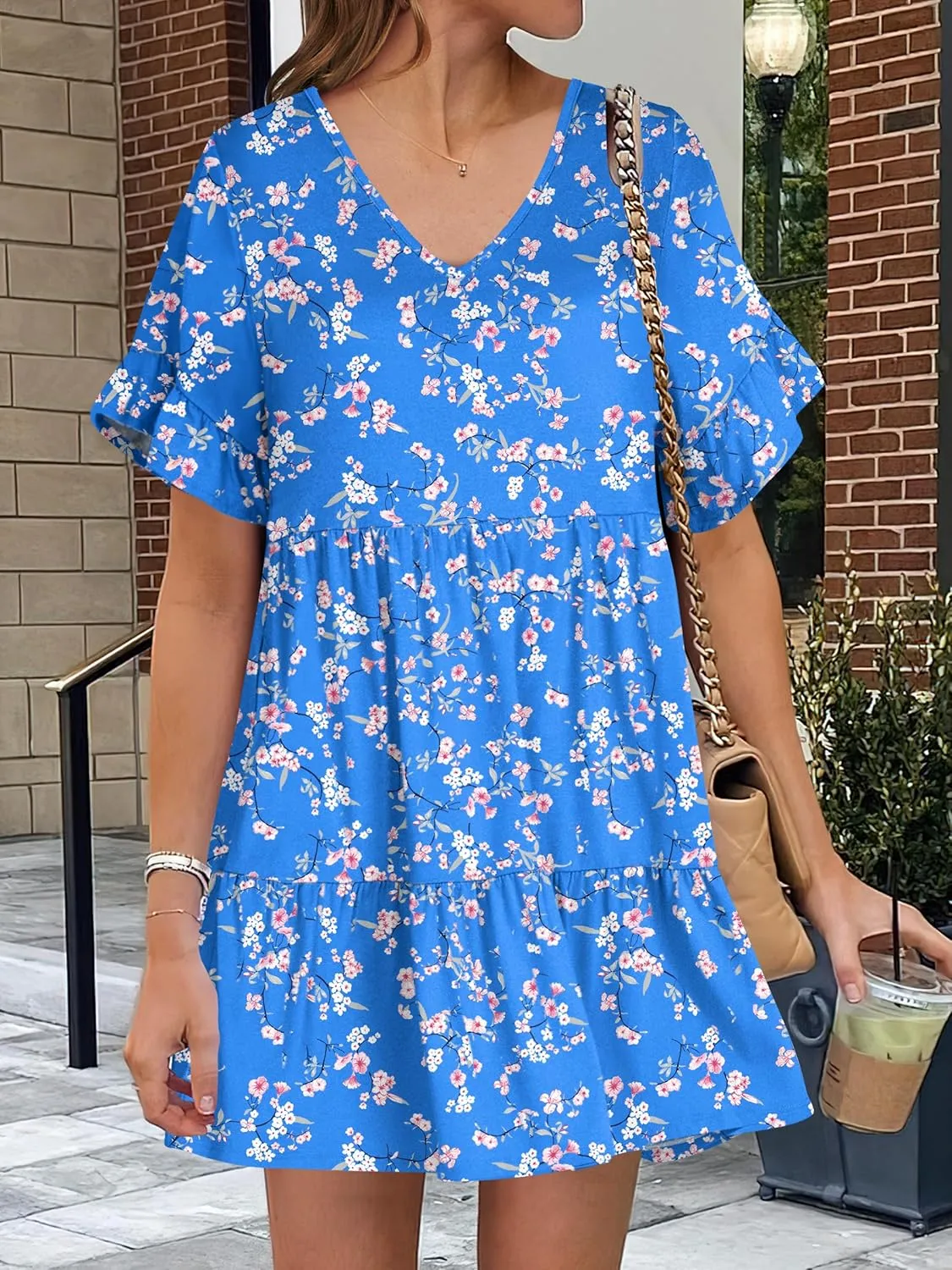 ANRABESS Dresses for Women Summer 2025 V Neck Ruffle Sleeve A Line Tiered Flowy Casual Trendy Mini Beach Dress with Pockets
