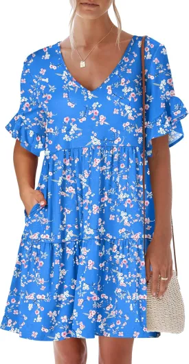 ANRABESS Dresses for Women Summer 2025 V Neck Ruffle Sleeve A Line Tiered Flowy Casual Trendy Mini Beach Dress with Pockets