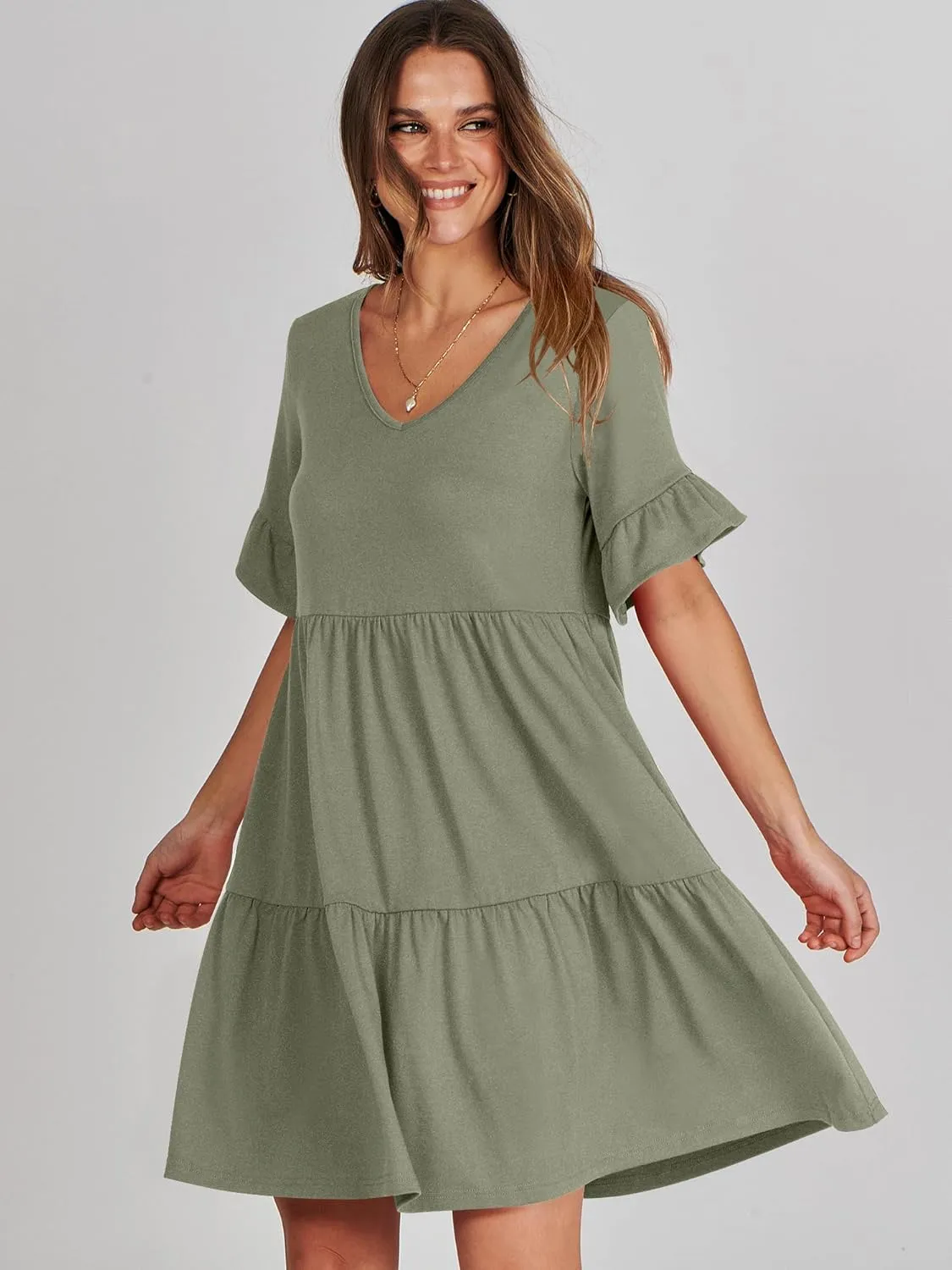 ANRABESS Dresses for Women Summer 2025 V Neck Ruffle Sleeve A Line Tiered Flowy Casual Trendy Mini Beach Dress with Pockets