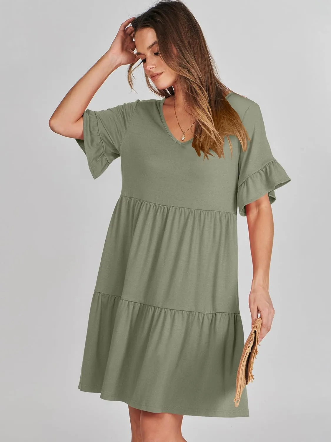 ANRABESS Dresses for Women Summer 2025 V Neck Ruffle Sleeve A Line Tiered Flowy Casual Trendy Mini Beach Dress with Pockets