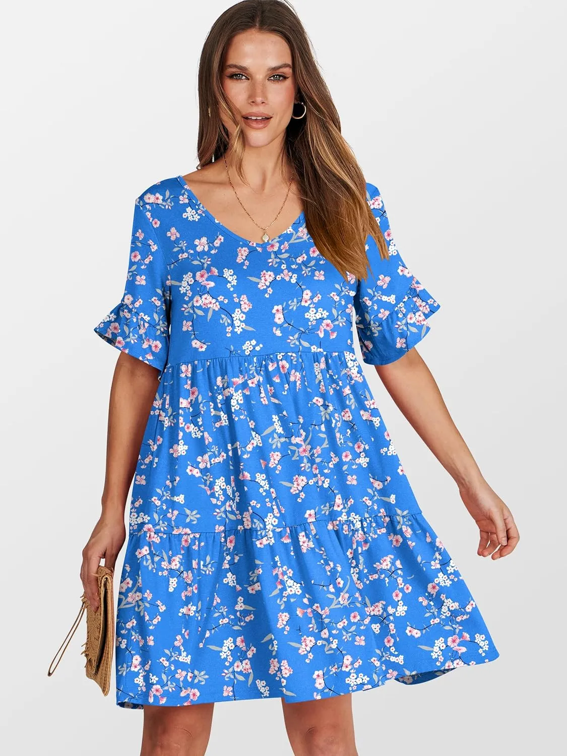 ANRABESS Dresses for Women Summer 2025 V Neck Ruffle Sleeve A Line Tiered Flowy Casual Trendy Mini Beach Dress with Pockets