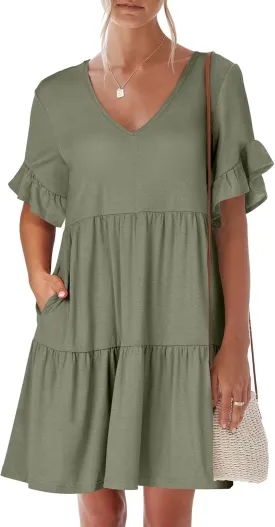 ANRABESS Dresses for Women Summer 2025 V Neck Ruffle Sleeve A Line Tiered Flowy Casual Trendy Mini Beach Dress with Pockets