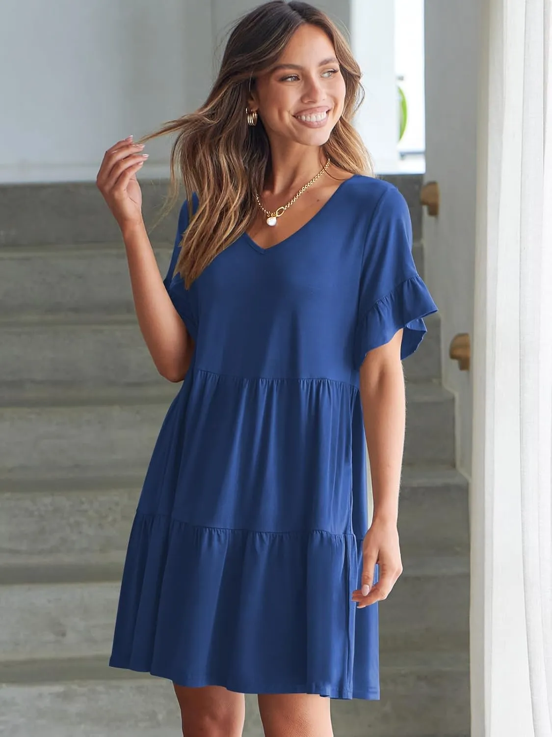 ANRABESS Dresses for Women Summer 2025 V Neck Ruffle Sleeve A Line Tiered Flowy Casual Trendy Mini Beach Dress with Pockets