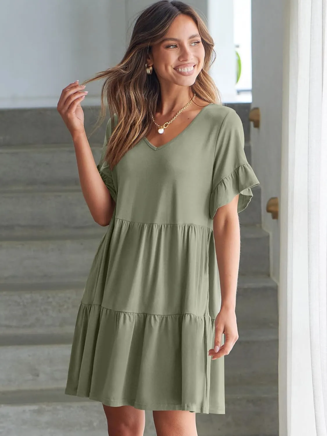 ANRABESS Dresses for Women Summer 2025 V Neck Ruffle Sleeve A Line Tiered Flowy Casual Trendy Mini Beach Dress with Pockets