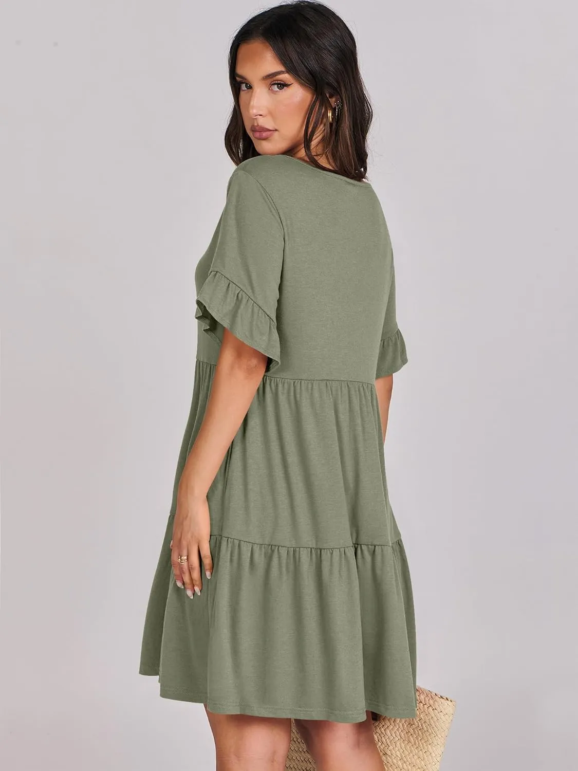 ANRABESS Dresses for Women Summer 2025 V Neck Ruffle Sleeve A Line Tiered Flowy Casual Trendy Mini Beach Dress with Pockets