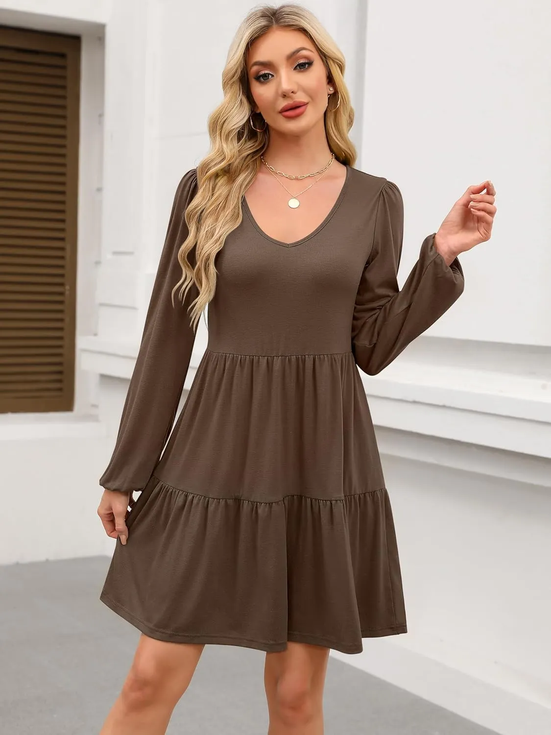 ANRABESS Women's Casual Long Sleeve V Neck Tiered Swing Flowy Loose A-line Cute Mini Short Spring Fall Dress