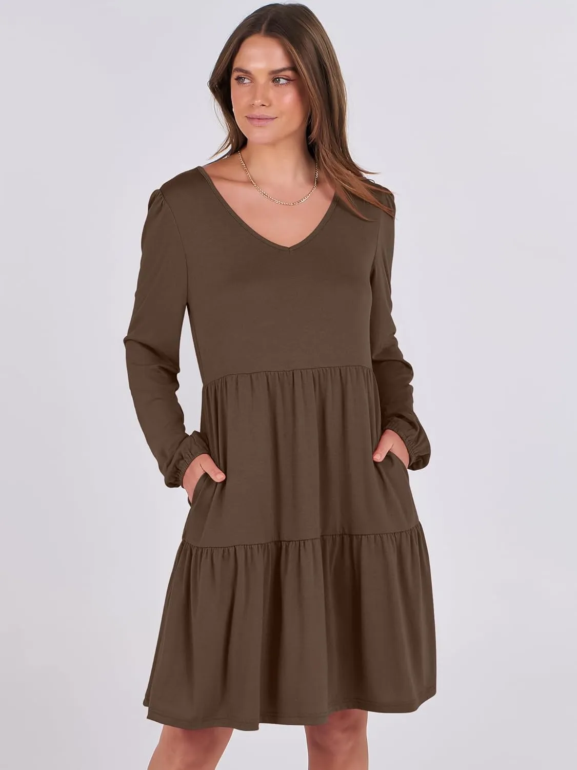 ANRABESS Women's Casual Long Sleeve V Neck Tiered Swing Flowy Loose A-line Cute Mini Short Spring Fall Dress