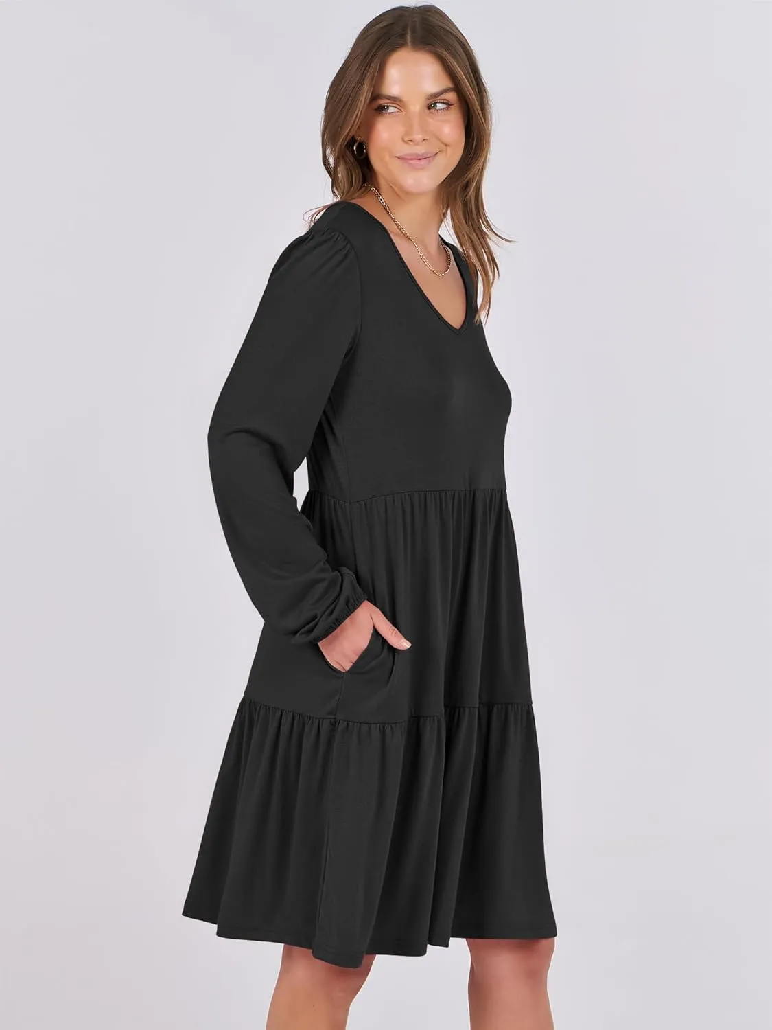 ANRABESS Women's Casual Long Sleeve V Neck Tiered Swing Flowy Loose A-line Cute Mini Short Spring Fall Dress